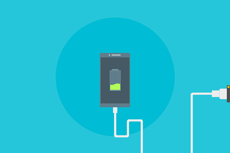 Animated smartphone displaying partially-full battery icon while plugged into wall outlet