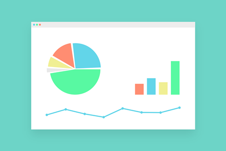 Pie chart, bar graph and line graph in animated internet browser screen