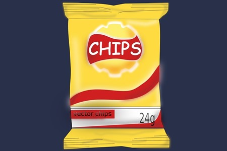 Animated single-serving chip bag with yellow and red packaging