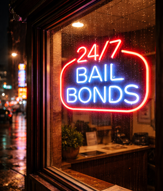 Neon sign reading 24/7 Bail Bonds