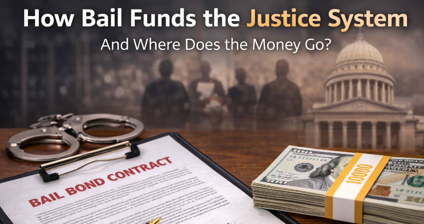 Illustration representing how bail money moves through the justice system