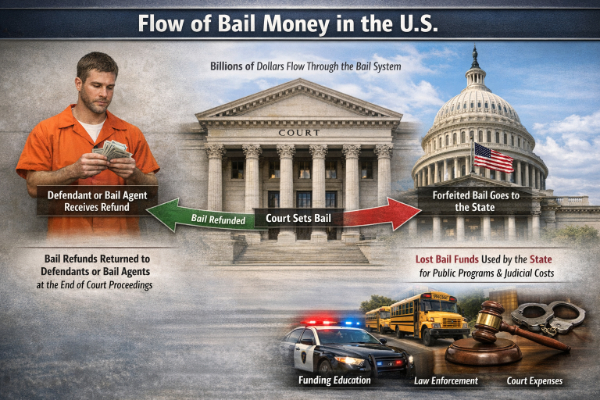 Flow diagram concept of how bail money moves between defendant, court, and state