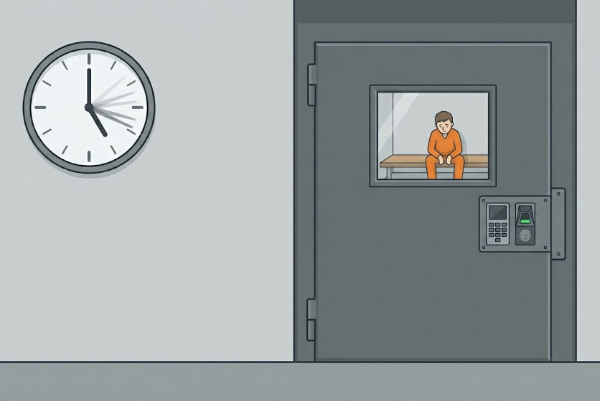 man sitting in jail cell while awaiting bail