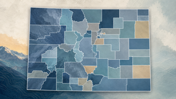 Map-inspired illustration of Colorado counties and justice system icons