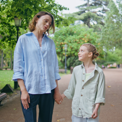 Caregiver calmly speaking with a child