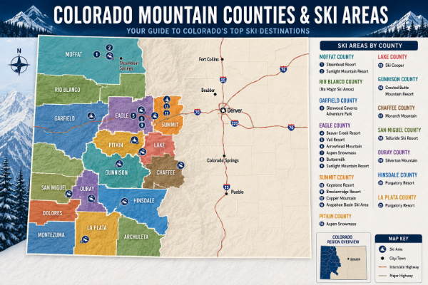 Map showing Colorado mountain counties and ski areas